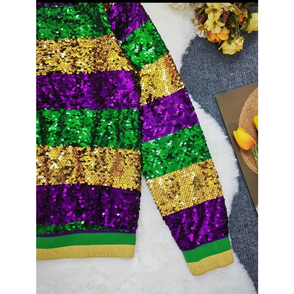 Mardi Gras Sequins Striped Purple, Green and Gold Bomber Jacket - Picture 5 of 7
